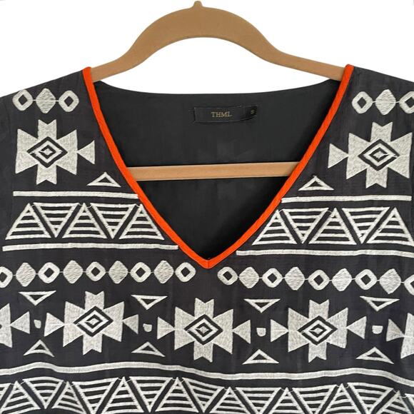 THML Charcoal White Embroidered Boho Top SMALL Peplum Flutter Sleeve Casual - Picture 3 of 8